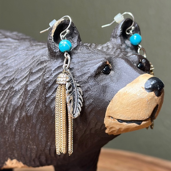 Tribal Inspired Turquoise and Feather Earrings - Picture 2 of 6